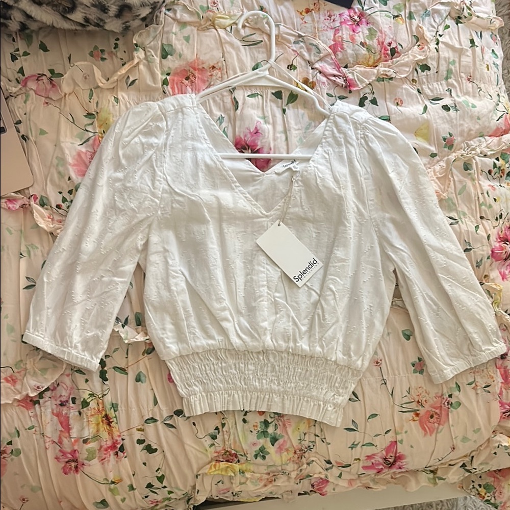 Splendid White Smocked 3/4 Sleeve Blouse